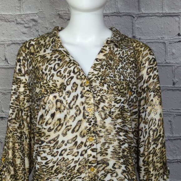 Emily Daniels Womens 1X Roll Sleeve Button-Up Animal Print Blouse - Picture 2 of 13